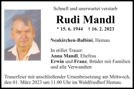 Traueranzeige von Rudi Mandl von Mittelbayerische Zeitung Regensburg