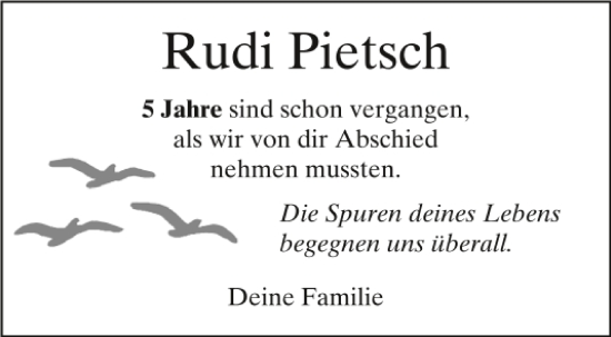 Traueranzeige von Rudi Pietsch von Mittelbayerische Zeitung Kelheim