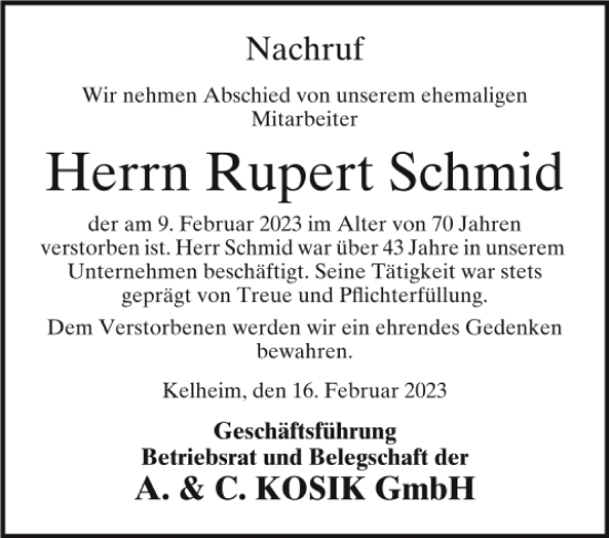 Traueranzeige von Rupert Schmid von Mittelbayerische Zeitung Kelheim