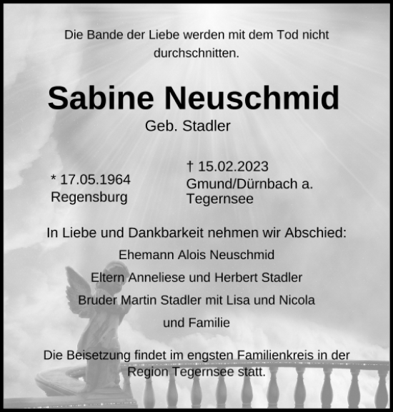 Traueranzeige von Sabine Neuschmid von Mittelbayerische Zeitung Regensburg
