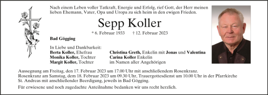 Traueranzeige von Sepp Koller von Mittelbayerische Zeitung Kelheim