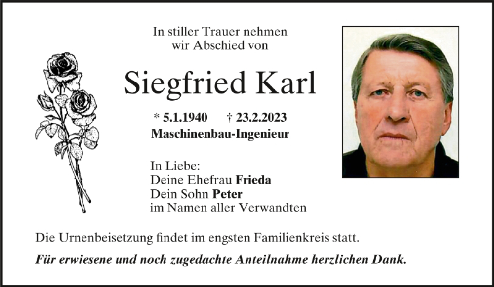  Traueranzeige für Siegfried Karl vom 01.03.2023 aus Mittelbayerische Zeitung Schwandorf