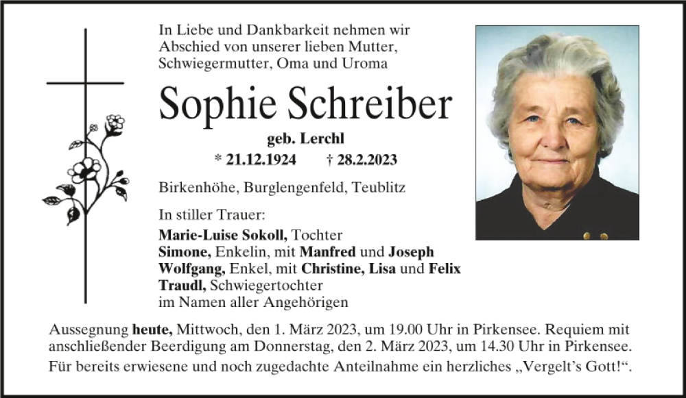  Traueranzeige für Sophie Schreiber vom 01.03.2023 aus Mittelbayerische Zeitung Schwandorf