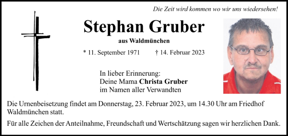  Traueranzeige für Stephan Gruber vom 21.02.2023 aus Bayerwald Echo