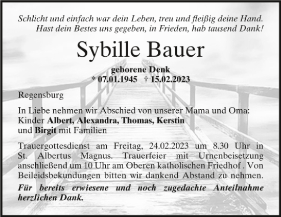 Traueranzeige von Sybille Bauer von Mittelbayerische Zeitung Regensburg