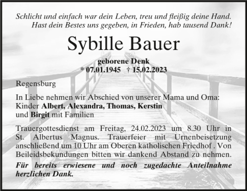  Traueranzeige für Sybille Bauer vom 18.02.2023 aus Mittelbayerische Zeitung Regensburg