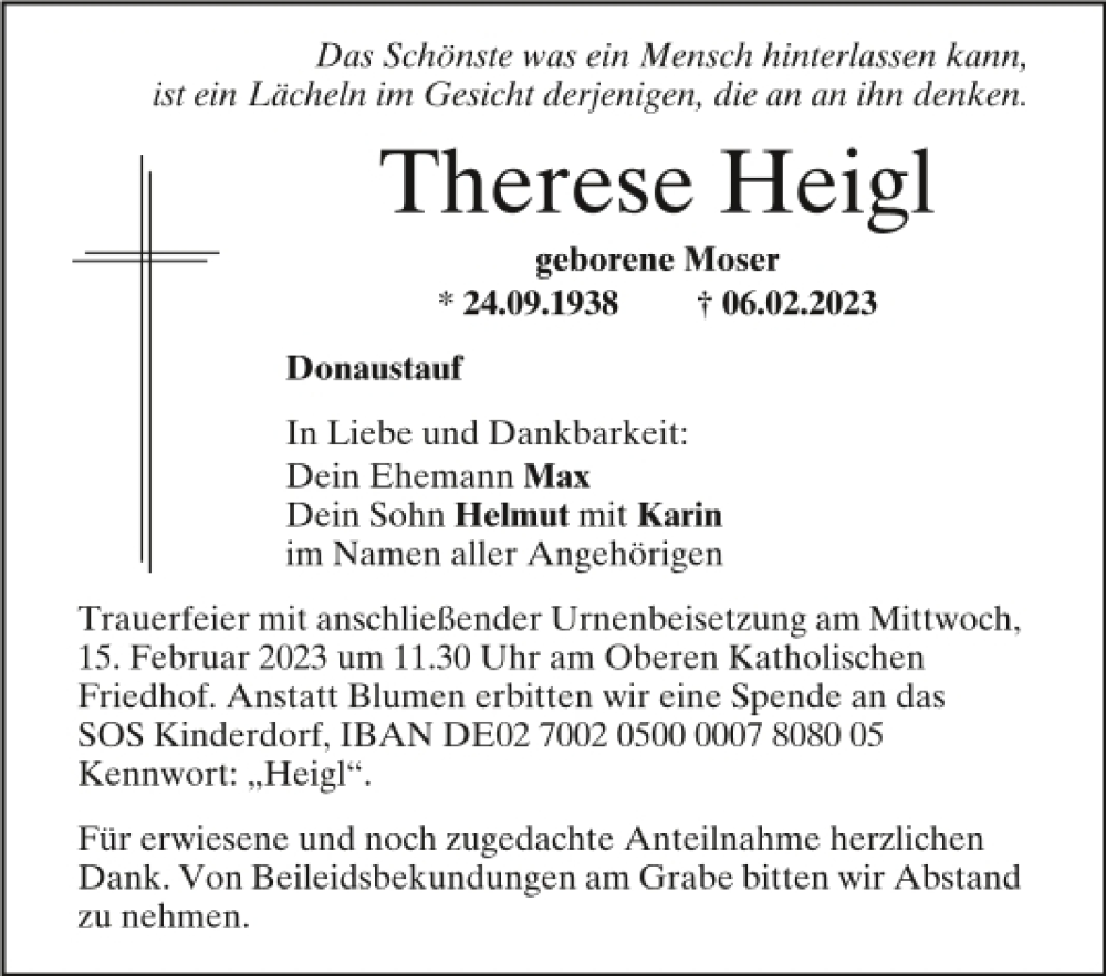  Traueranzeige für Therese Heigl vom 11.02.2023 aus Mittelbayerische Zeitung Regensburg