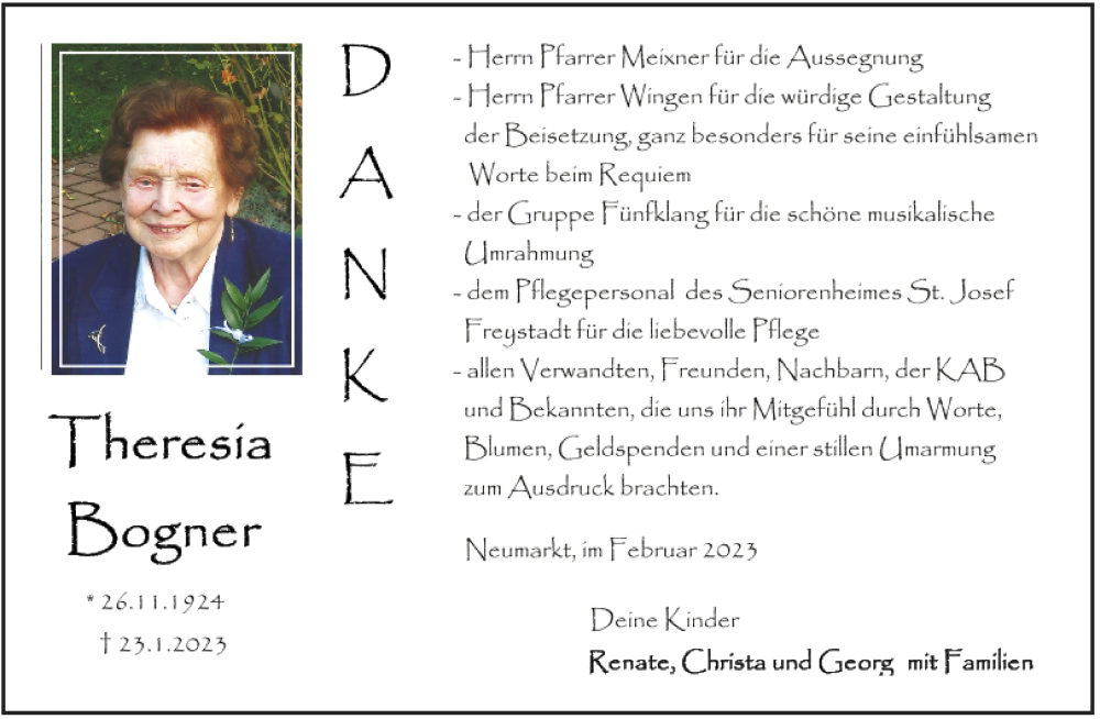  Traueranzeige für Theresia Bogner vom 04.02.2023 aus Neumarkter Tagblatt