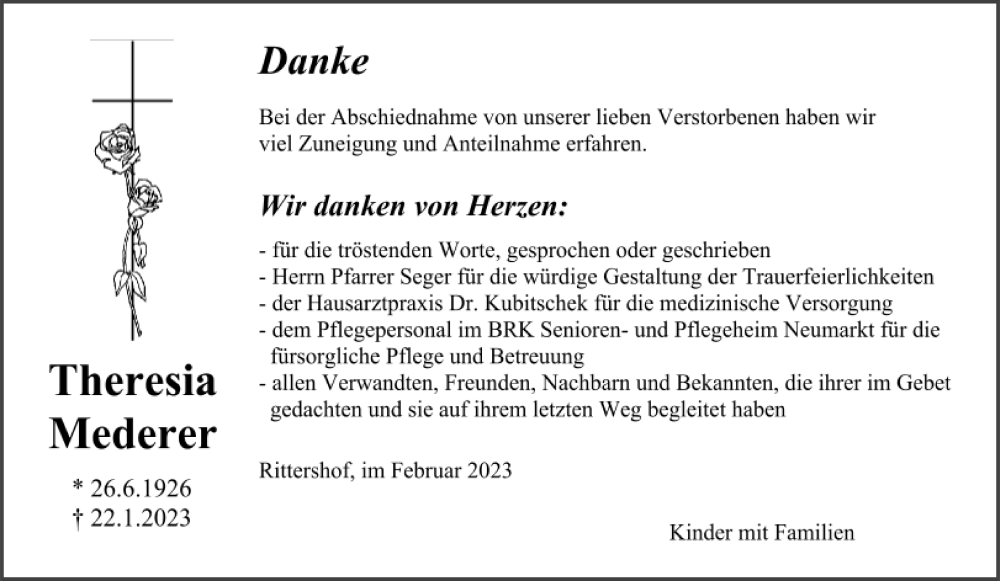  Traueranzeige für Theresia Mederer vom 08.02.2023 aus Neumarkter Tagblatt
