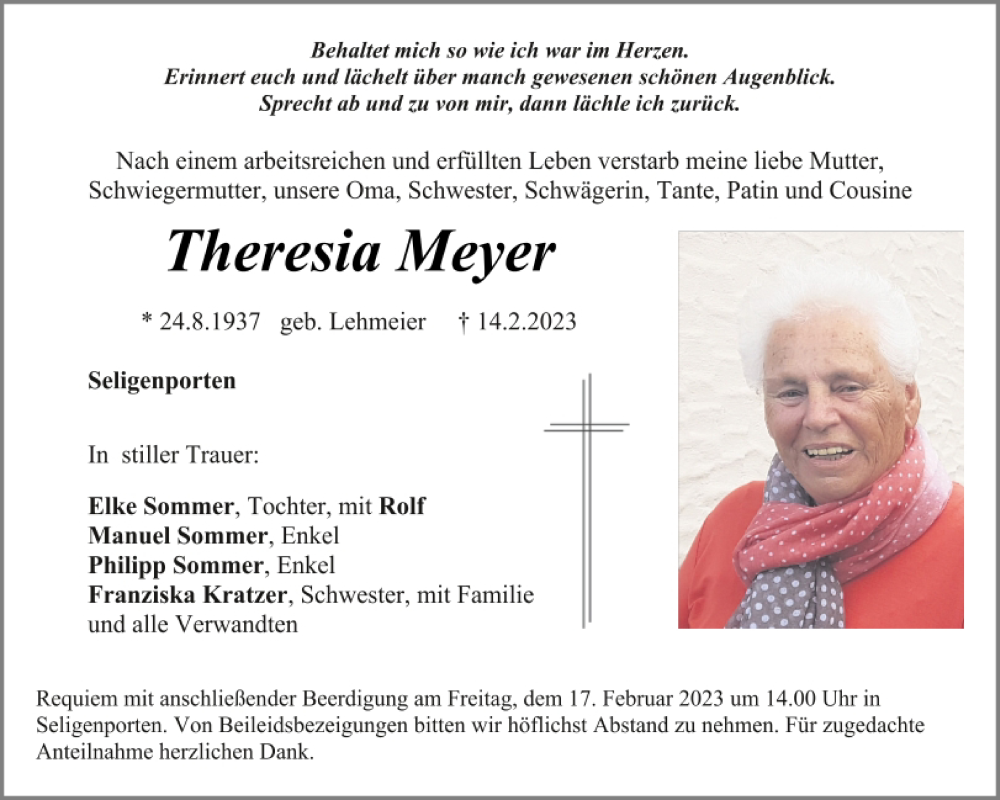  Traueranzeige für Theresia Meyer vom 16.02.2023 aus Neumarkter Tagblatt