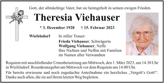 Traueranzeige von Theresia Viehauser von Mittelbayerische Zeitung Schwandorf