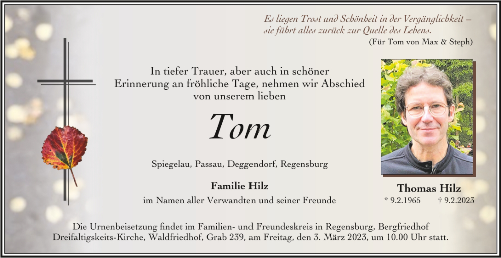 Traueranzeige für Tom Hilz vom 01.03.2023 aus Mittelbayerische Zeitung Regensburg