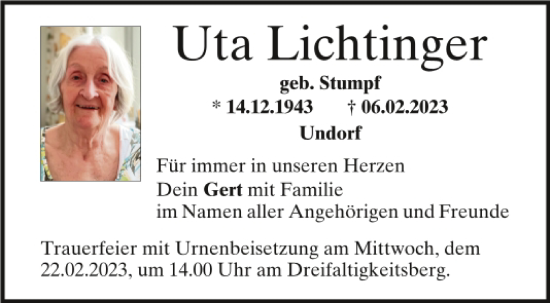 Traueranzeige von Uta Lichtinger von Mittelbayerische Zeitung Regensburg