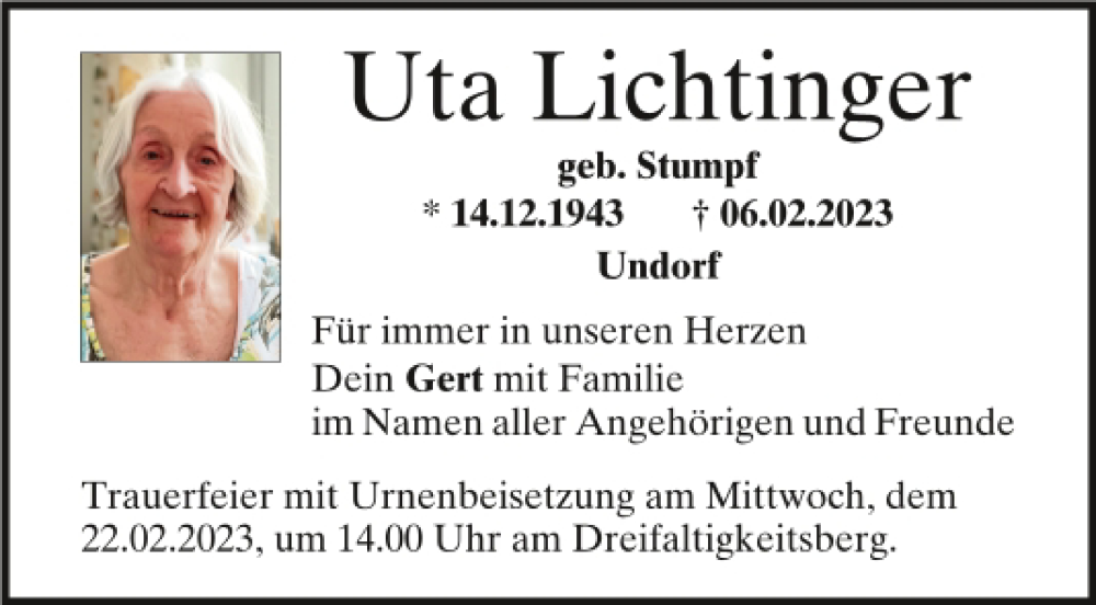  Traueranzeige für Uta Lichtinger vom 18.02.2023 aus Mittelbayerische Zeitung Regensburg