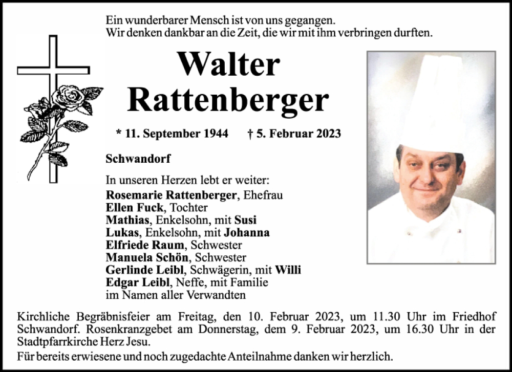  Traueranzeige für Walter Rattenberger vom 08.02.2023 aus Mittelbayerische Zeitung Schwandorf