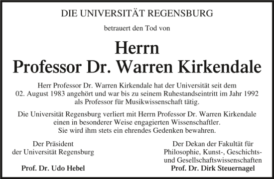 Traueranzeige von Warren Kirkendale von Mittelbayerische Zeitung Regensburg