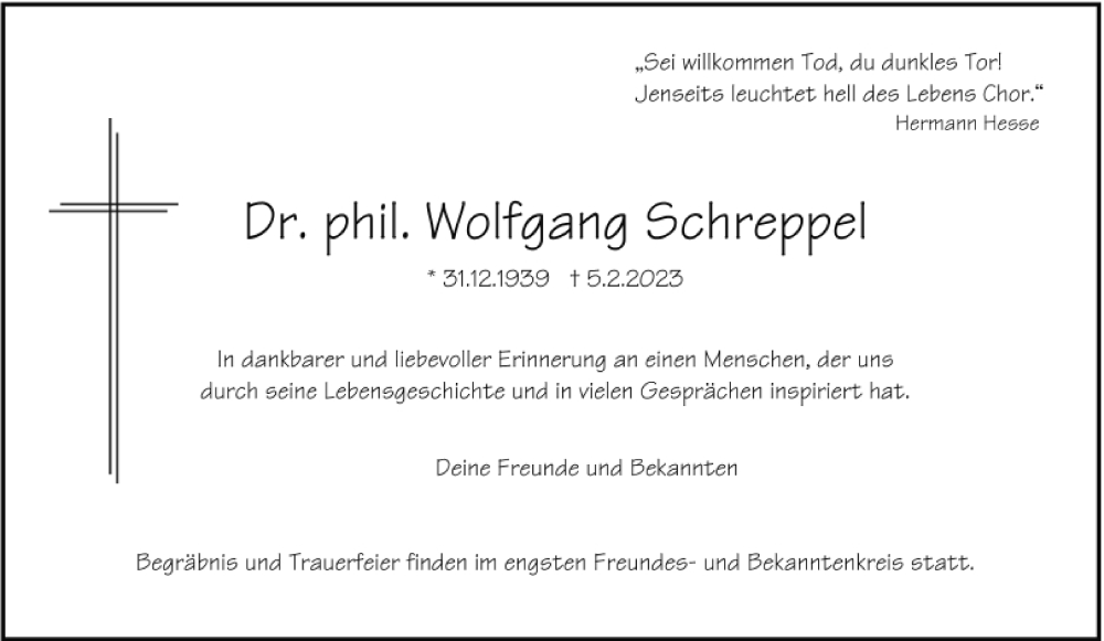  Traueranzeige für Dr. phil. Wolfgang Schreppel vom 18.02.2023 aus Mittelbayerische Zeitung Regensburg