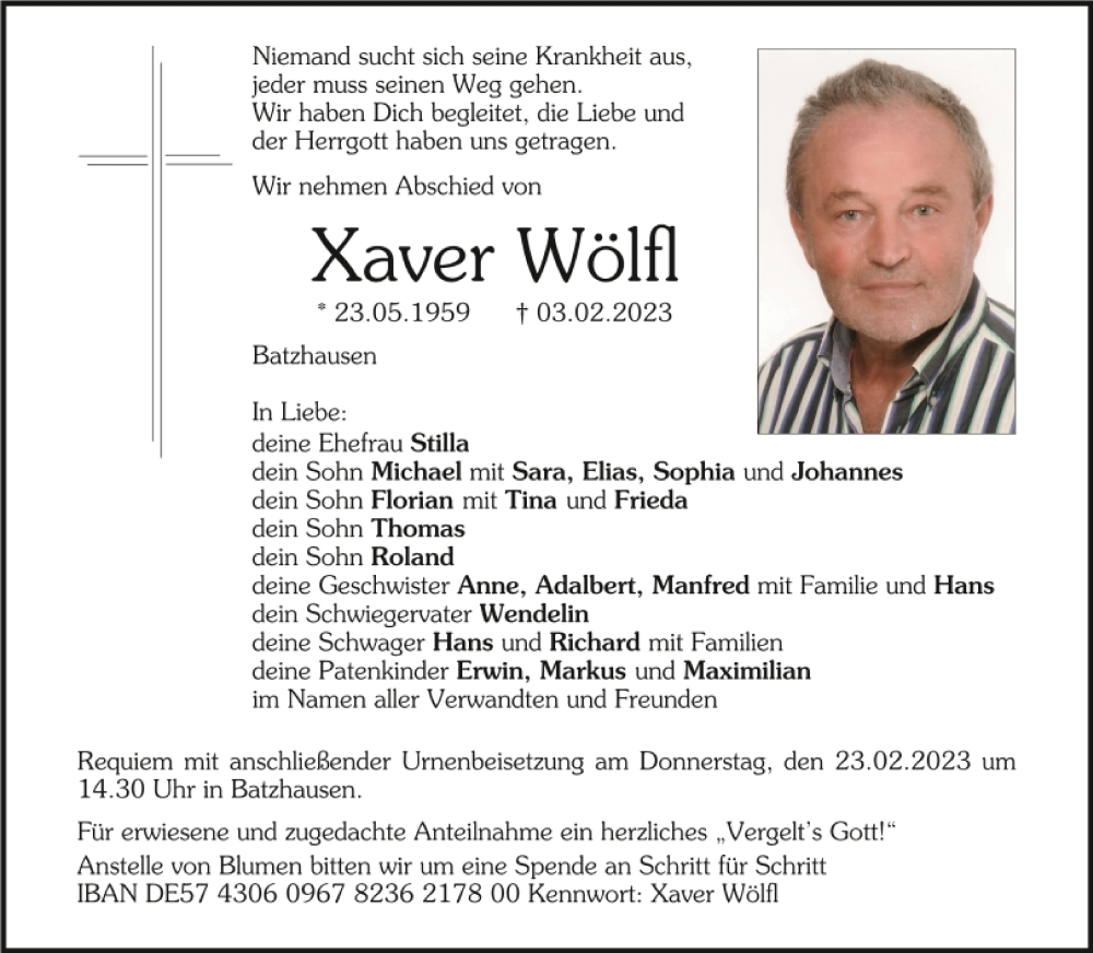  Traueranzeige für Xaver Wölfl vom 20.02.2023 aus Neumarkter Tagblatt