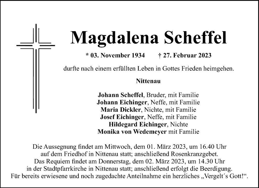  Traueranzeige für Magdalena Scheffel vom 01.03.2023 aus Mittelbayerische Zeitung Regensburg