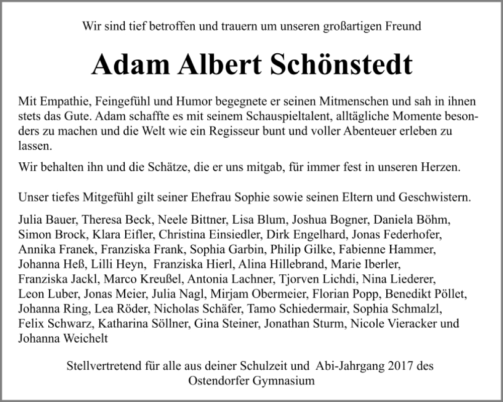  Traueranzeige für Adam Albert Schönstedt vom 20.03.2023 aus Neumarkter Tagblatt
