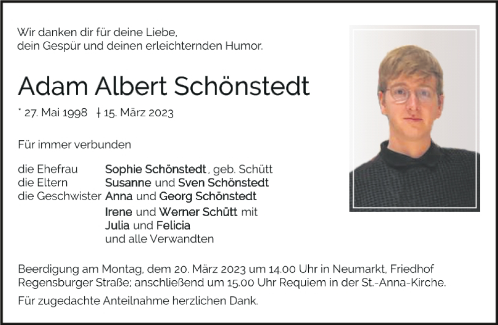  Traueranzeige für Adam Albert Schönstedt vom 18.03.2023 aus Neumarkter Tagblatt