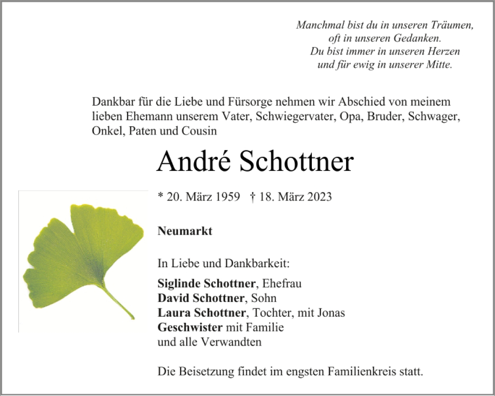  Traueranzeige für Andre Schottner vom 22.03.2023 aus Neumarkter Tagblatt