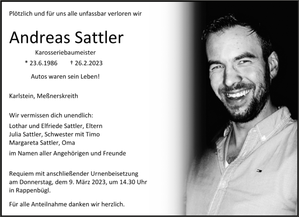  Traueranzeige für Andreas Sattler vom 04.03.2023 aus Mittelbayerische Zeitung Regensburg