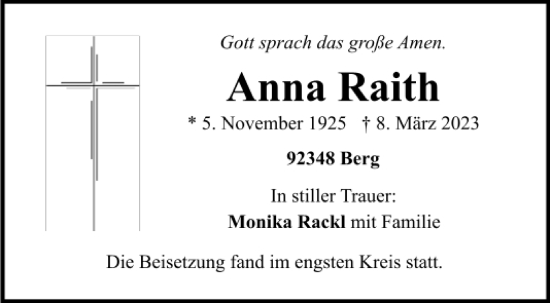 Traueranzeigen von Anna Raith | Mittelbayerische Trauer