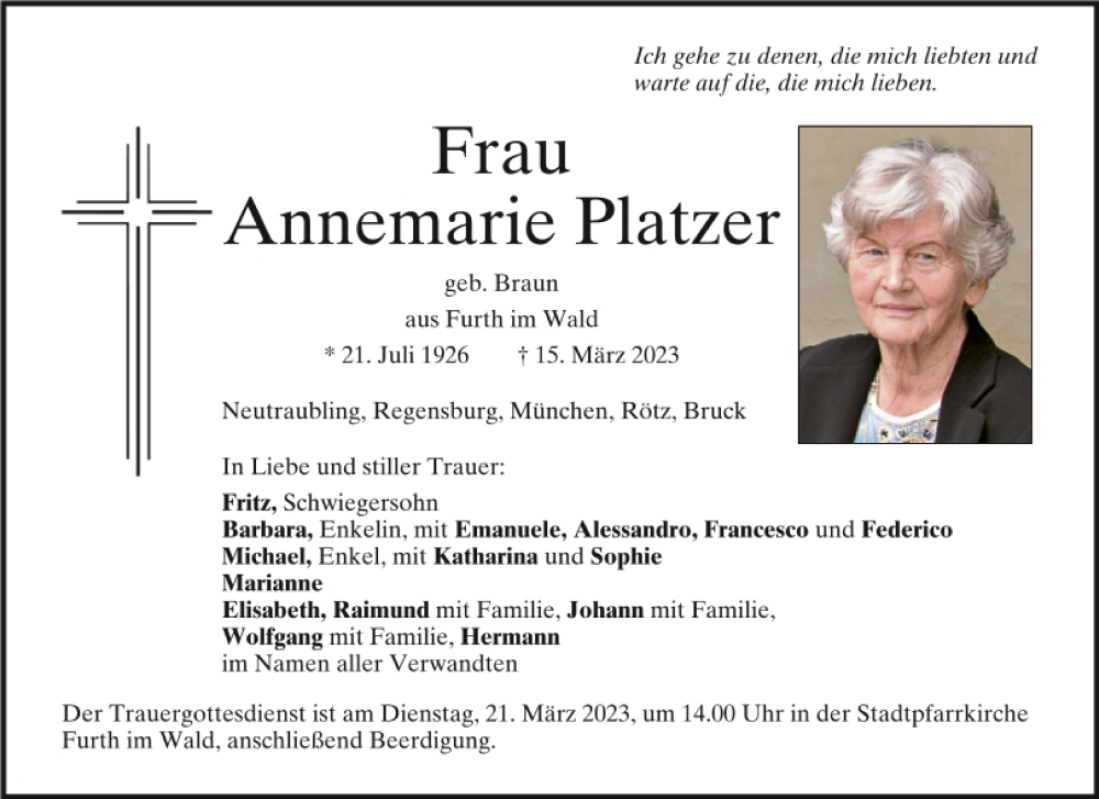  Traueranzeige für Annemarie Platzer vom 18.03.2023 aus Bayerwald Echo
