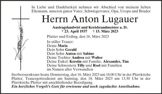 Traueranzeige von Anton Lugauer von Mittelbayerische Zeitung Regensburg