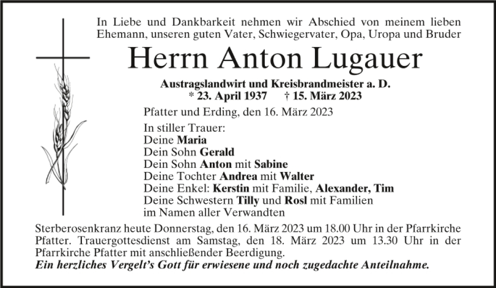  Traueranzeige für Anton Lugauer vom 16.03.2023 aus Mittelbayerische Zeitung Regensburg