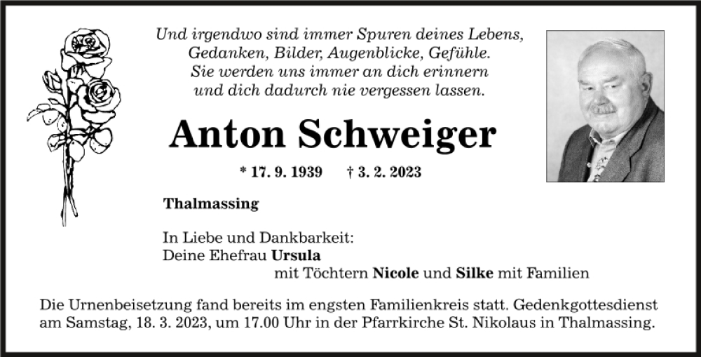  Traueranzeige für Anton Schweiger vom 11.03.2023 aus Mittelbayerische Zeitung Regensburg