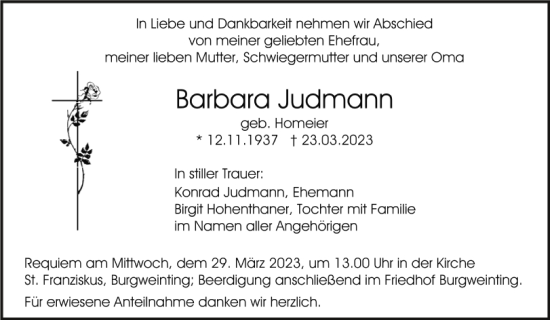 Traueranzeige von Barbara Judmann von Mittelbayerische Zeitung Regensburg