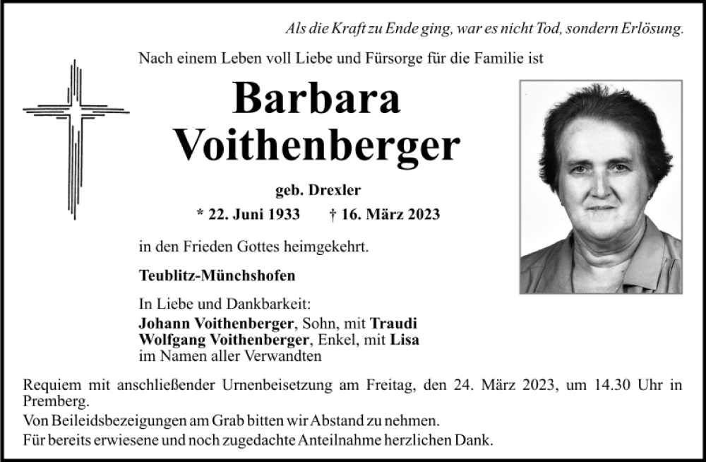  Traueranzeige für BArbara Voithenberg vom 18.03.2023 aus Mittelbayerische Zeitung Schwandorf
