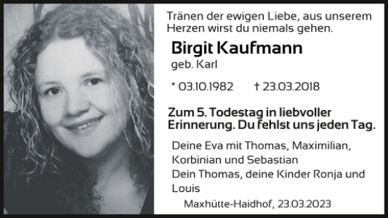 Traueranzeige von Birgit Kaufmann von Mittelbayerische Zeitung Schwandorf