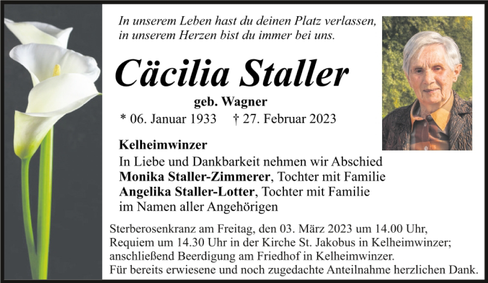  Traueranzeige für Cäcilia  Staller vom 02.03.2023 aus Mittelbayerische Zeitung Kelheim