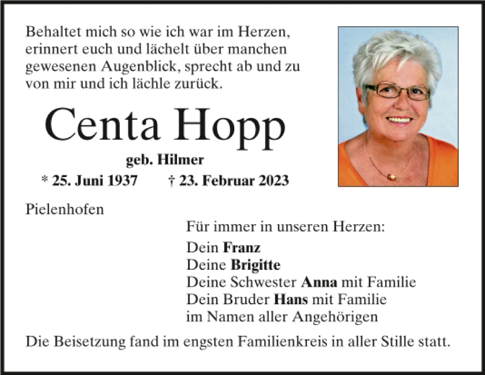  Traueranzeige für Centa Hopp vom 18.03.2023 aus Mittelbayerische Zeitung Regensburg