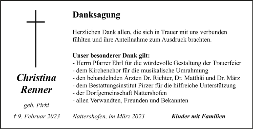  Traueranzeige für Christina Renner vom 25.03.2023 aus Neumarkter Tagblatt
