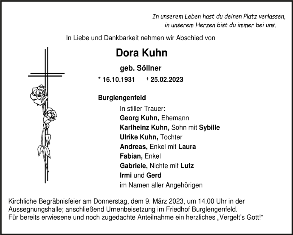  Traueranzeige für Dora Kuhn vom 08.03.2023 aus Mittelbayerische Zeitung Schwandorf
