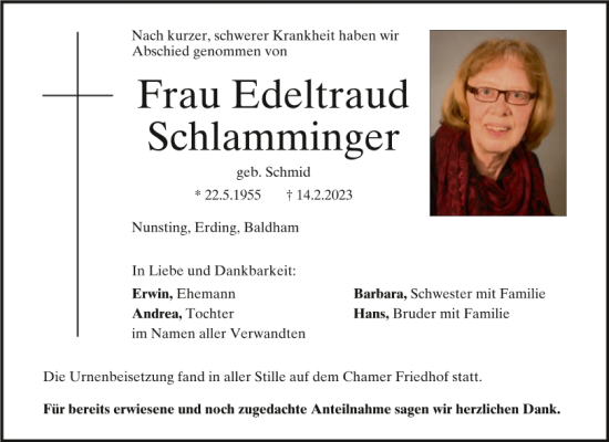 Traueranzeige von Edeltraud Schlamminger von Bayerwald Echo