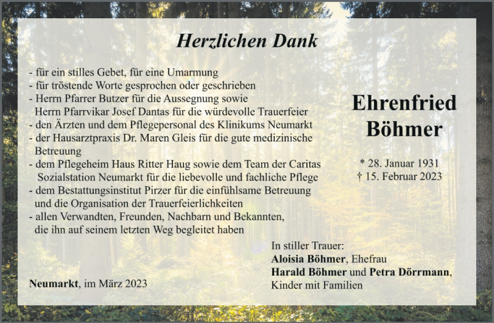  Traueranzeige für Ehrenfried Böhmer vom 18.03.2023 aus Neumarkter Tagblatt