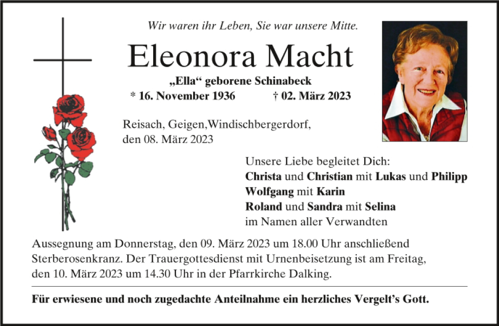  Traueranzeige für Eleonora Macht vom 08.03.2023 aus Bayerwald Echo