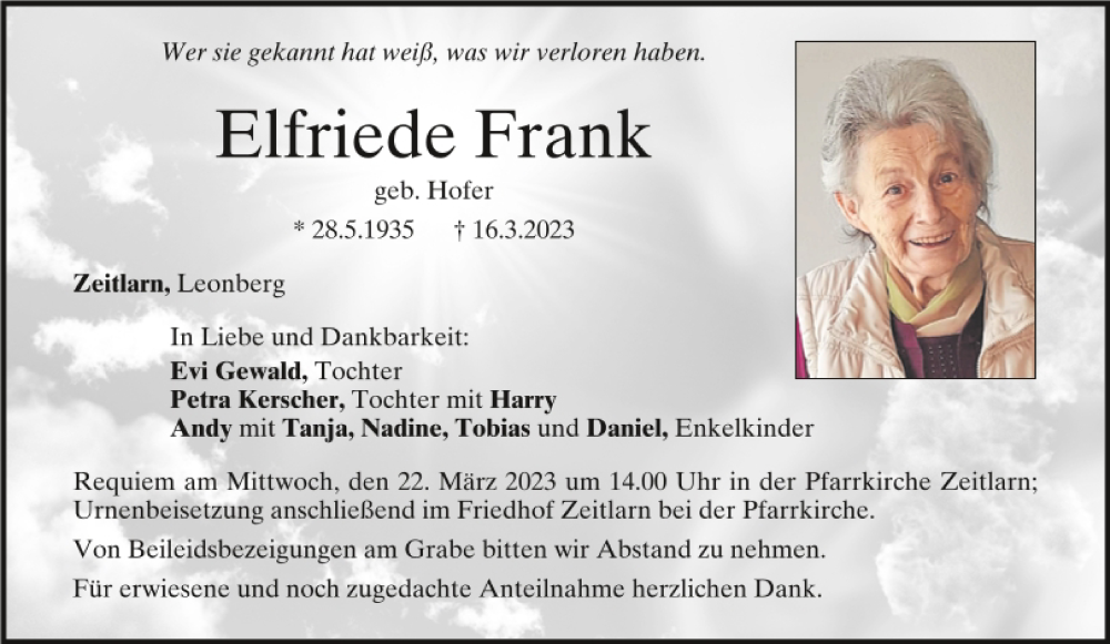  Traueranzeige für Elfriede Frank vom 18.03.2023 aus Mittelbayerische Zeitung Regensburg