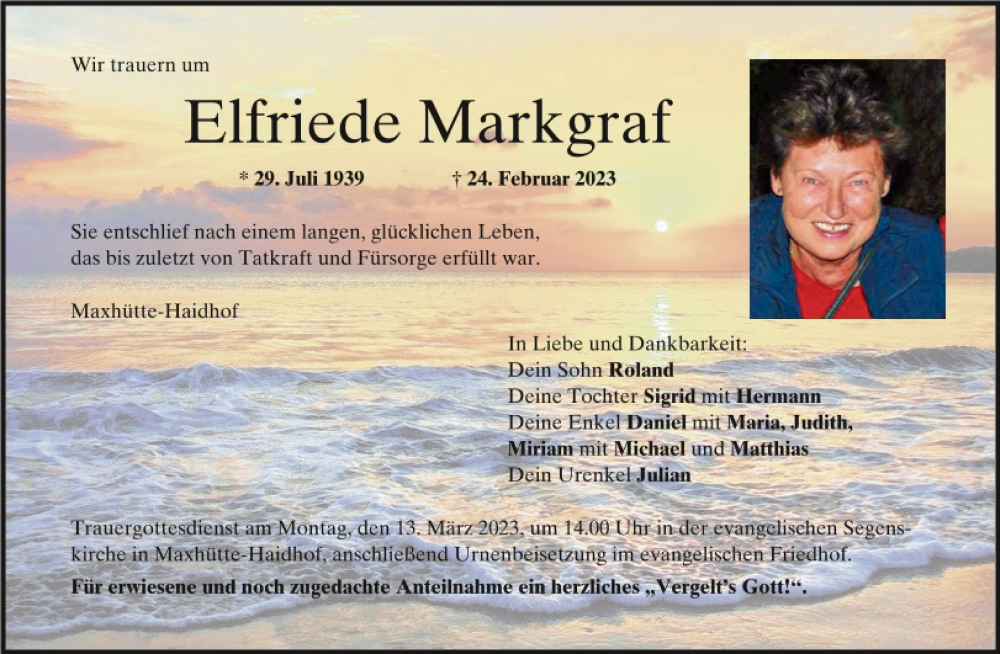 Traueranzeige für Elfriede Markgraf vom 08.03.2023 aus Mittelbayerische Zeitung Schwandorf