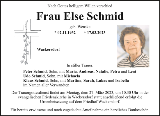 Traueranzeige von Else Schmid von Mittelbayerische Zeitung Schwandorf