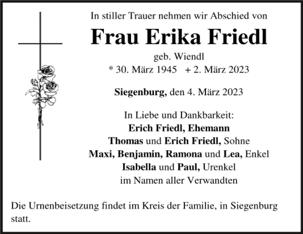 Traueranzeige für Erika Friedl vom 04.03.2023 aus Mittelbayerische Zeitung Kelheim