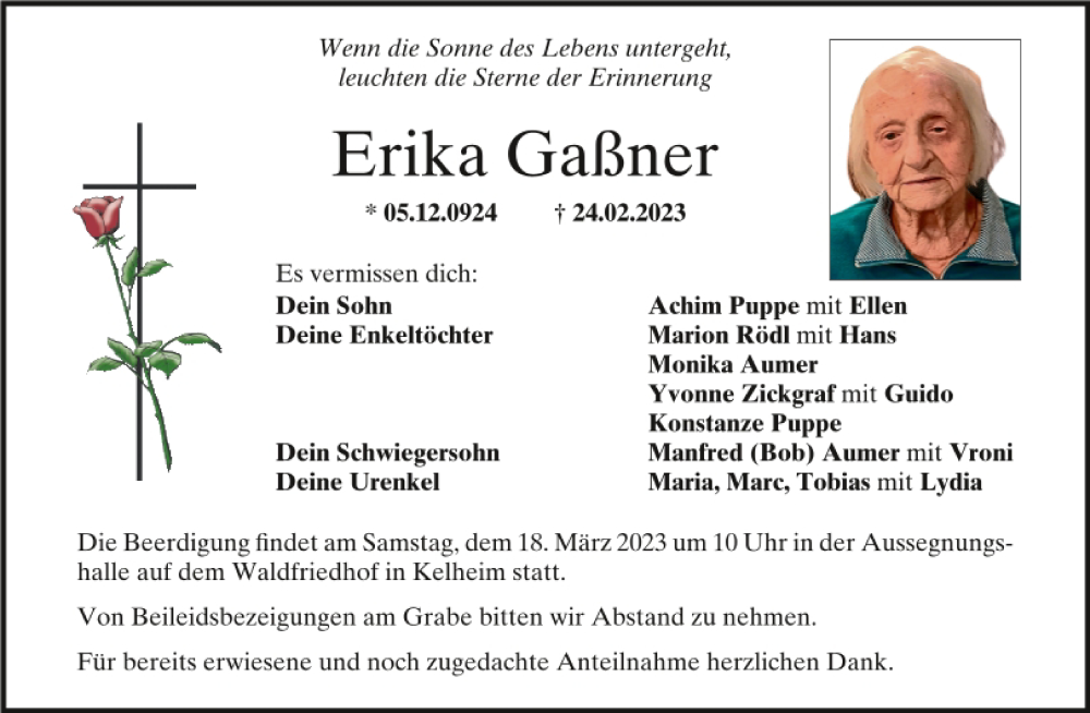  Traueranzeige für Erika Gaßner vom 15.03.2023 aus Mittelbayerische Zeitung Kelheim