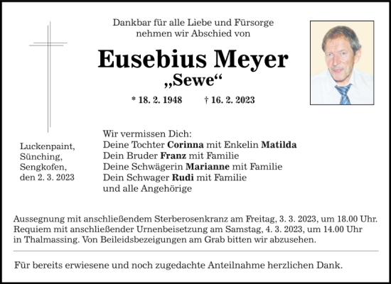 Traueranzeige von Eusebius Meyer von Mittelbayerische Zeitung Regensburg