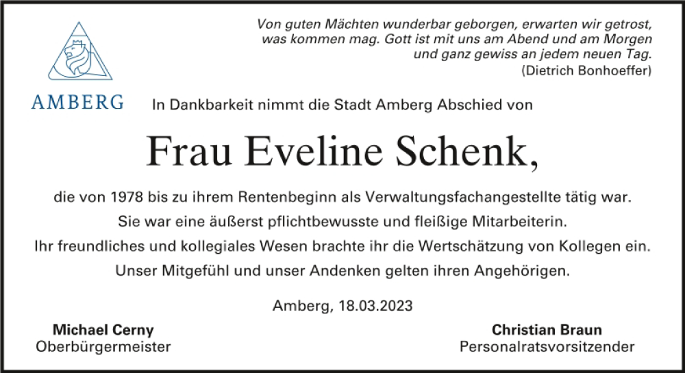  Traueranzeige für Eveline Schenk vom 18.03.2023 aus Mittelbayerische Zeitung Schwandorf