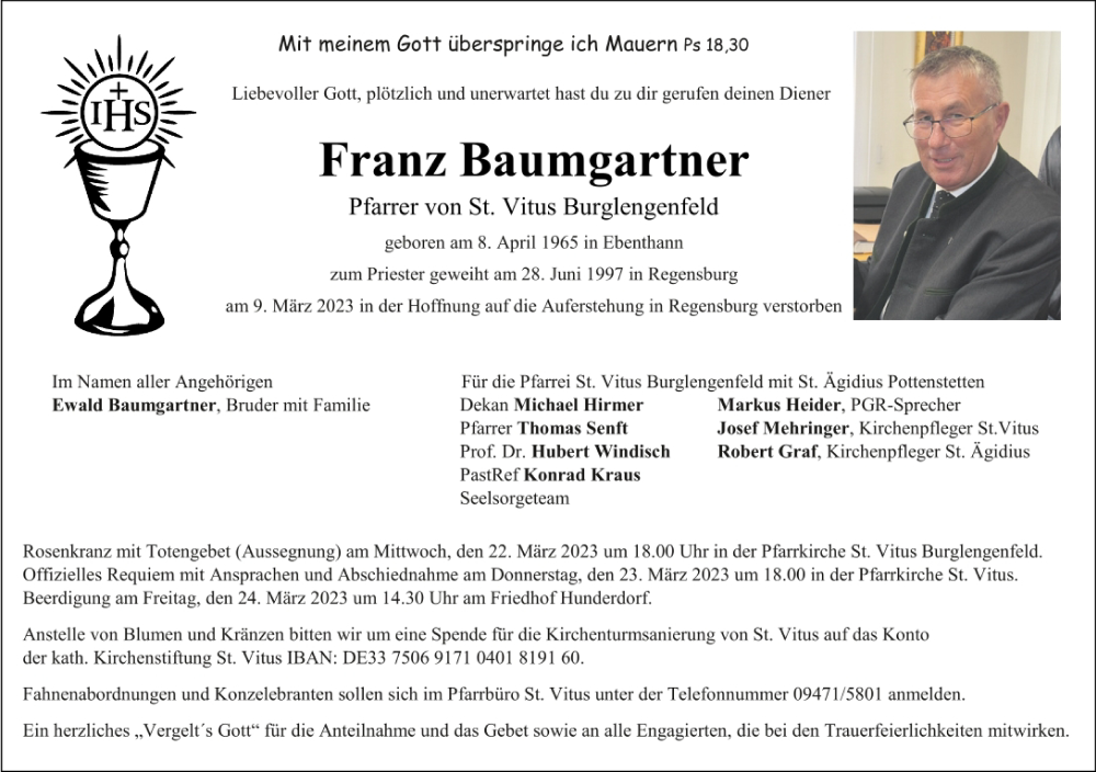  Traueranzeige für Franz Baumgartner vom 17.03.2023 aus Mittelbayerische Zeitung Schwandorf